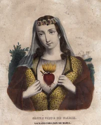 Inmaculado Corazón de María - Imagen religiosa del Sagrado Corazón de María - grabado del siglo XIX