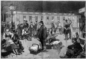 Inmigración. Salida de emigrantes en Europa hacia los Estados Unidos de América: Vagón especial de la compañía General Transatlántica que va desde las fronteras de Alemania y Suiza hasta Havre donde los pasajeros embarcarán hacia Nueva York. Grabado en "Le