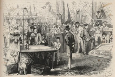 Príncipe imperial Eugenio Luis José (1856-1879) en la fiesta de Fontainebleau. Intenta derribar una marioneta con la ayuda de una bola colgante. Grabado en “L