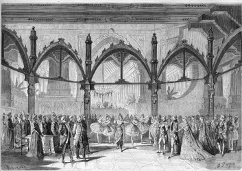 Teatro Imperial de la Ópera Cómica: Escena IV, Acto II de la ópera "El Primer Día de la Felicidad" de Daniel Francois Esprit Auber (1782-1871). Grabado en "El Universo Ilustre"