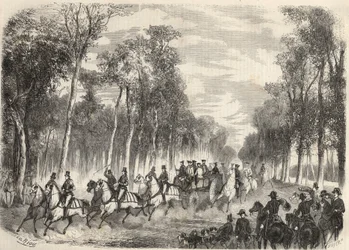 Caza imperial en Compiègne en presencia de Napoleón III (1808-1873) y la emperatriz Eugenia (1826-1920). Grabado en "Le Monde Ilustre" de 1857. Colección privada.