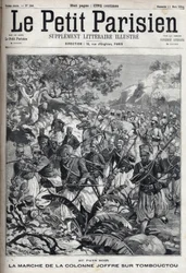 En las colonias francesas: la marcha de la columna del General Joseph Joffre (1852-1931) y su ejército de spahis hacia Tombuctú (Mali). Grabado en “Le Parisien”