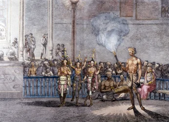 Cultura y civilización india: danza en honor a Krishna (Krisna o Krsna) deidad del Brahman en India. Grabado 1808.