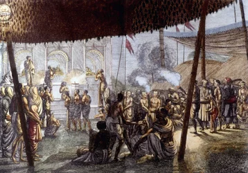 Cultura y civilización india: fiesta del amor de Krishna, India. Grabado de 1808