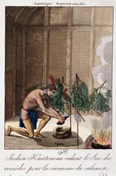 Indio Knisteneau vaciando la bolsa de remedios para la ceremonia del calumet