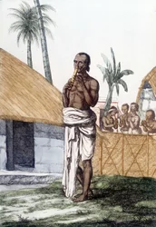 Cultura y civilización india: músico tocando la flauta bansuri, instrumento musical tradicional, India. Grabado 1808.