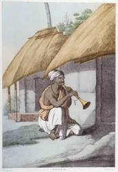 Cultura, civilización y sociedad india: músico con flauta tradicional india. Grabado de 1808.