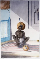 Cultura, civilización y sociedad india: músico con instrumento de cuerda tradicional indio. Grabado de 1808.