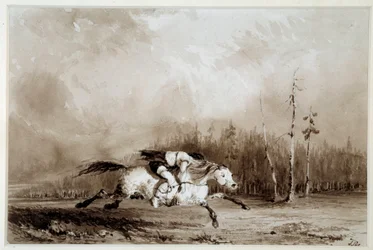 Un caballo galopando llevando a un hombre atado