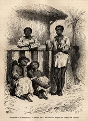 Indígenas del Magdalena (ríos), en las calles de la ciudad de Mompox (Colombia). Grabado para ilustrar el viaje a Nueva Granada, por el Dr. Saffray, en 1869, publicado en 