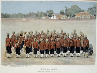 Banda de infantería de las Indias Inglesas - grabado, finales del siglo XIX