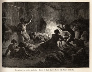 Dentro de una posada de caribú (Canadá), a medianoche, tramperos y mineros ebrios cantan, luego caen al suelo o se duermen en una manta. Grabado para ilustrar el viaje del Atlántico al Pacífico (ruta del noroeste por tierra), en 1862-1864 por