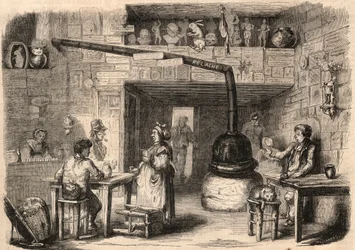 Interior del cabaret Le Lapin Blanc, rue aux fèves en París antes de su demolición. Una taberna que data de la primera época de la monarquía. Grabado en "Le Monde Ilustre" de 1862. Colección privada.