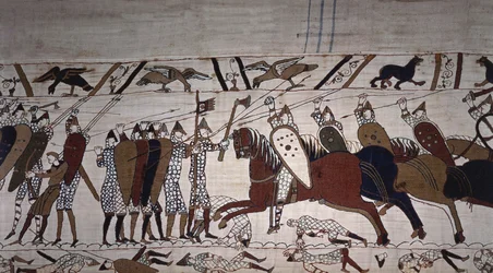 Intendente Wadard (a caballo) y los hombres de la tropa de Guillermo - Tapiz de Bayeux, conocido como Bordado de la Reina Matilde