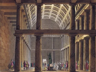 Interior del Partenón - Estatua de la diosa Atenea (Minerva) dentro del Partenón de Atenas, Antigua Grecia - Grabado alrededor de 1820