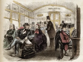 Interior de un vagón en el ferrocarril de Baltimore y Ohio, EE.UU. - 1861 - interior de un vagón americano en 1860