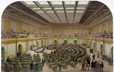 Vista interior de la Cámara de Representantes del Capitolio de EE.UU. mostrando el Congreso en sesión y los espectadores en la galería - Grabado de 1866