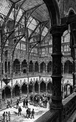 Vista interna de la Bolsa de Amberes en el siglo XIX. Grabado en "Le journal de la jeunesse"