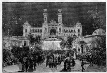 Exposición Internacional de Niza: el palacio de la exposición iluminado con luz eléctrica. Grabado en «Le Monde Illustré»