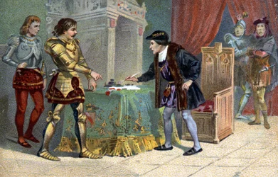 Entrevista de Luis XI (1423-1483), Rey de Francia y Carlos el Temerario, Duque de Borgoña, en Péronne en octubre de 1468. Cromolitografía de Liebig del siglo XIX