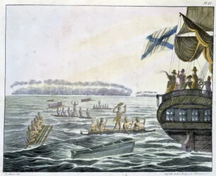 Entrevista con los habitantes de las Islas Penrhyn en “Vistas y paisajes de las regiones ecuatoriales, recopilados en un viaje alrededor del mundo”, sd. principios del siglo XIX