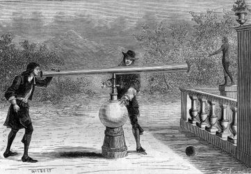 Invención: Sarbacana o pistola neumática por Otto von Guericke (1602-1686), inventor alemán. Grabado en "La Nature"