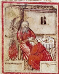 Isaac después de comer el cabrito traído por su hijo Jacob creyendo que es Esaú. Miniatura del códice 212 (o códice padovano o Biblia de Padua) 1390-1400 Rovigo, Accademia dei Concordi