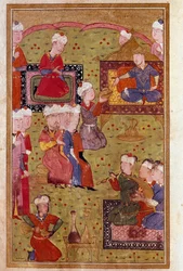 Arte islámico: banquete en presencia del sultán con músicos. Miniatura de un manuscrito del siglo XVI. Venecia, Biblioteca Marciana