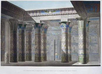 Isla de Philae: Vista interior colorida, tomada bajo el pórtico del Gran Templo - en "Descripción de Egipto", Ediciones Imperiales