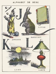 J K L: malabarista, canguro, libro, luna, lámpara