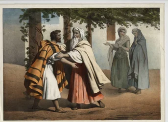 Jacob huyendo de la venganza de su hermano Esaú fue recibido por Labán. Grabado anónimo del siglo XIX.