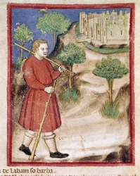 Jacob va a Laban en Mesopotamia. Miniatura del códice 212 (o padovano o Biblia de Padua) 1390-1400 Rovigo, Accademia dei Concordi