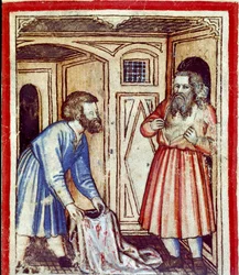 Jacob se entera de la muerte de su hijo José, vendido por sus hermanos a los egipcios. Miniatura del códice 212 (o padovano o Biblia de Padua) 1390-1400 Rovigo, Accademia dei Concordi