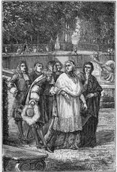 Jacques-Bénigne Bossuet (1627-1704), prelado y escritor francés en el callejón de los filósofos en Versalles. Grabado del siglo XIX.