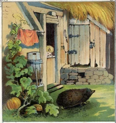 Jacques observa un erizo cruzando el patio de su casa. Cromolitografía de “Escenas infantiles”, ed. Guerin - Muller circa 1885.