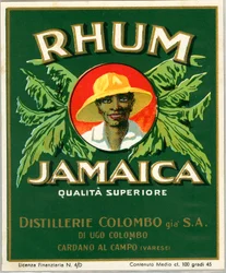 Anuncio de alcohol de ron de Jamaica (Cromolitografía, finales del siglo XIX)