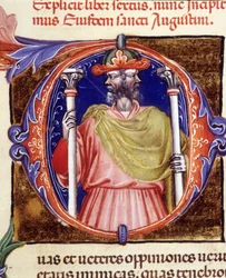 Jano, deidad romana, dos caras opuestas - de un manuscrito de “De civitate dei” de San Agustín, principios del siglo XV. Biblioteca Municipal de Rímini