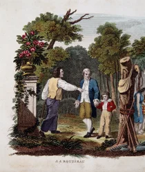 Jean Jacques Rousseau con un niño, interpelado por un campesino