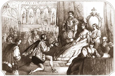 Jean Nicot presentando la planta de tabaco a Catalina de Médicis y al Gran Prior de la Casa de Lorena. Litografía del siglo XVI alrededor de 1868