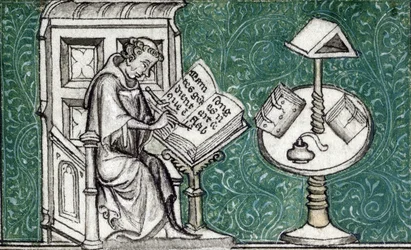 Jean de Meun componiendo el Romance de la Rosa, hacia 1380 (miniatura)
