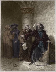 Jerónimo de Praga negándose a abjurar - Jerónimo de Praga (1379-1416) reformador de la iglesia, negándose a retractarse - Grabado en “Fastes Populares, o Historia de los Actos Heroicos del Pueblo y su Influencia en la Ciencia, las Artes, la Industria y la 