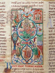 Árbol de Jesé rodea símbolos de virginidad. La Virgen es designada por el nombre bizantino de Theotokos. Miniatura tomada del "Leccionario de Citeaux" siglo XII. Dijon, Biblioteca Municipal