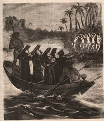 Misioneros jesuitas llegan en barco entre los indios guaraníes en Paraguay en 1553 - Grabado de 1879 en “Historia de Sociedades Secretas, Políticas y Religiosas” de Pierre Zaccone (1817-1895)