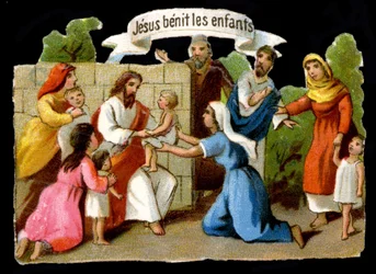 Jesucristo bendiciendo a los niños. Cromolitografía del siglo XIX