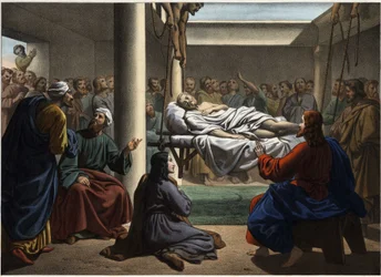 Jesús sanando al paralítico de Betesda. Grabado anónimo de mediados del siglo XIX.