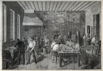 Joyería: fábrica de joyas de acero. Grabado de 1885 en “Les arts et métiers illustrés” de Adolphe Bitard.