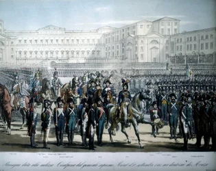 Joachim Murat (1767-1815), nombrado Mariscal de Francia y Rey de Nápoles por Napoleón, revisa las tropas de la República Cisalpina