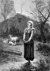 Juana de Arco escucha sus voces celestiales: el Arcángel San Miguel, Santa Catalina y Santa Margarita le ordenaron ir a Francia para ayudar al rey y le aseguraron que Dios lo ayudará. Siglo XIX.