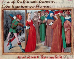 Juana de Arco (1412-1431), instalada en el carnicero. Miniatura del manuscrito de "Vigiles du roi Charles VII" de Martial d