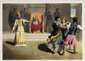 Joás (Jehoash) expulsado del trono y ordenó la muerte de la reina Atalía con la ayuda de los sacerdotes y así se convirtió en rey de Judá. Grabado anónimo de mediados del siglo XIX.